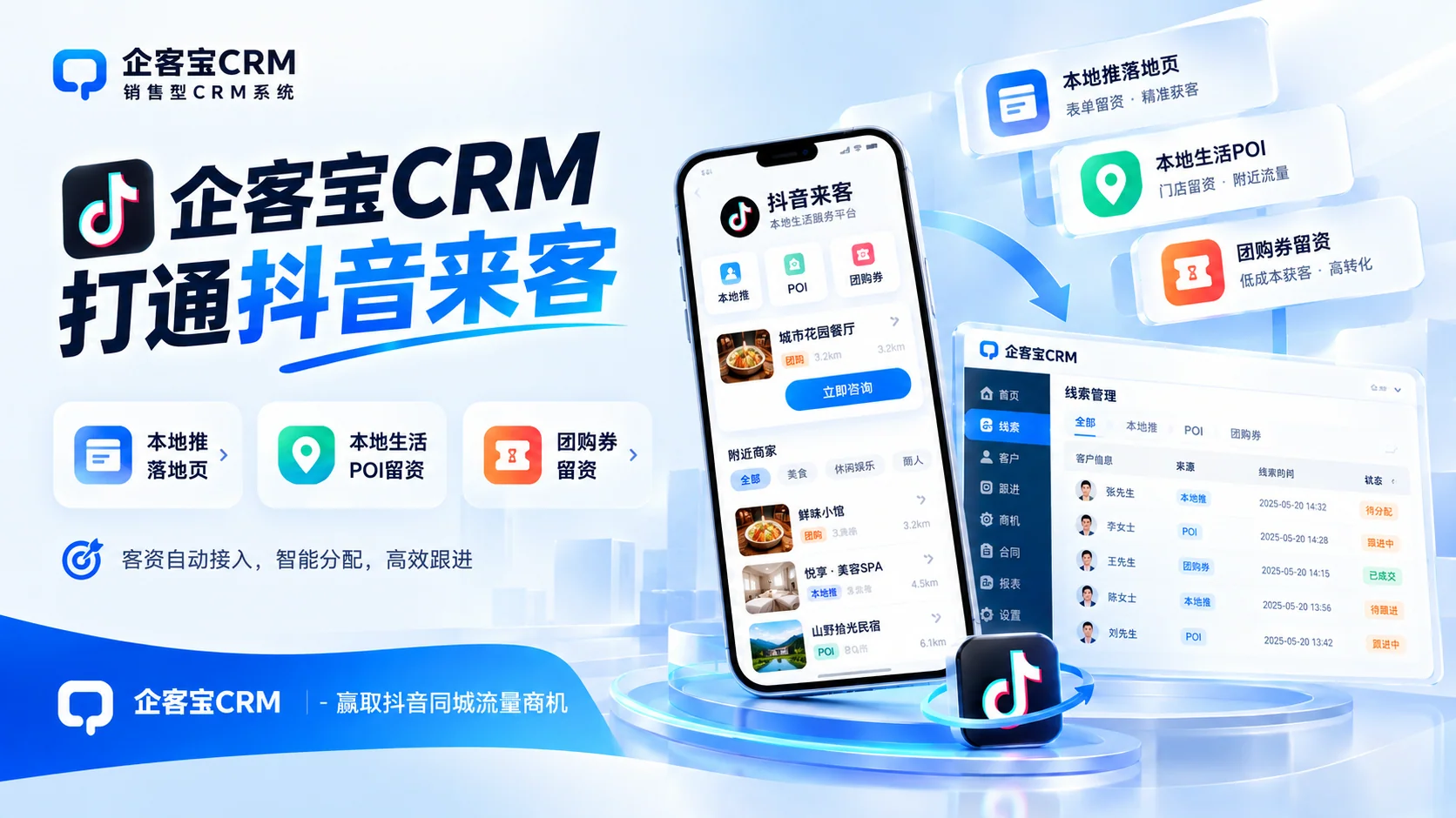 二、接入:抖音来客把字段 POST 给企客宝 CRM,CRM 按"企业内部销售组"分流