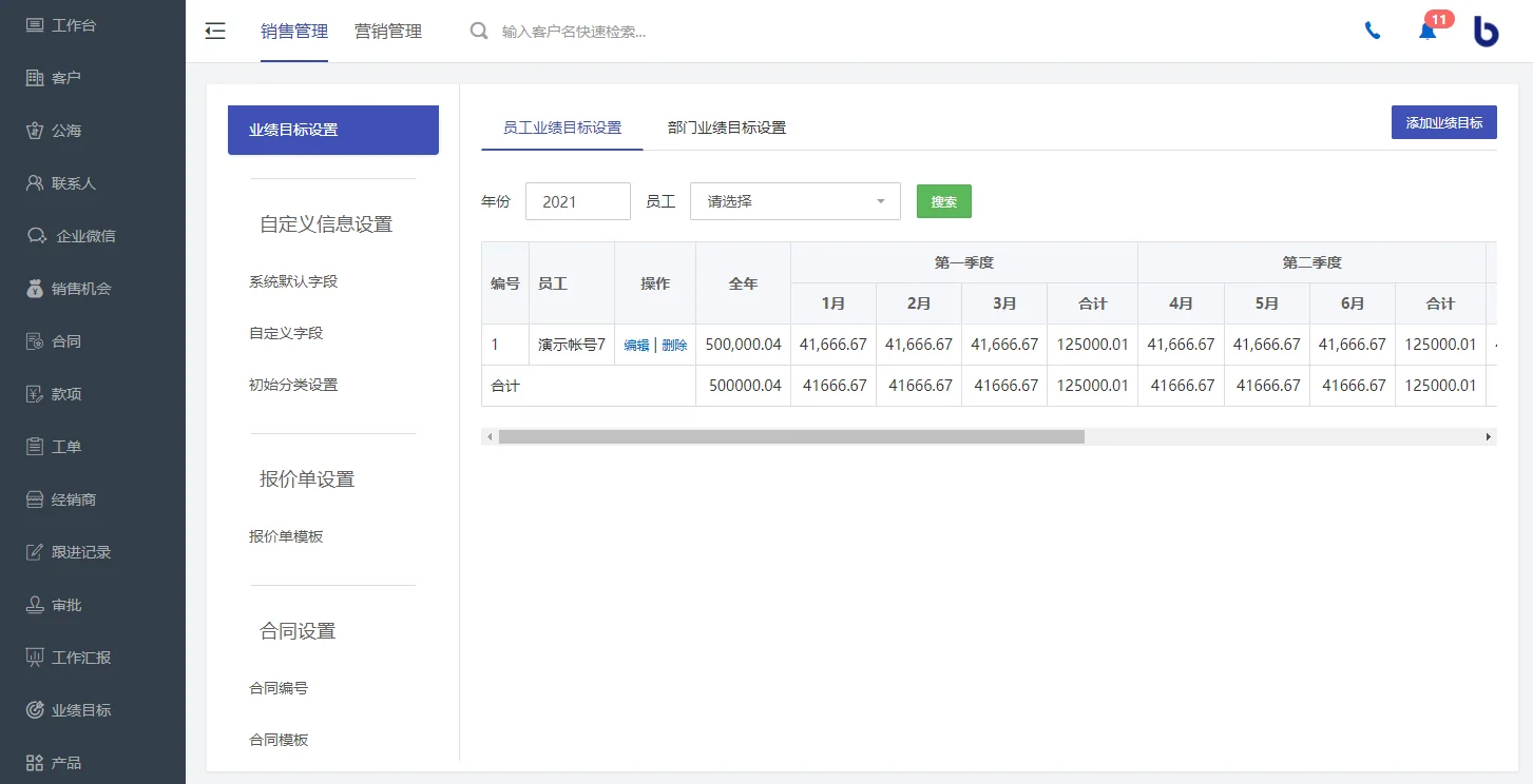 企客宝SCRM的业绩目标设置页面