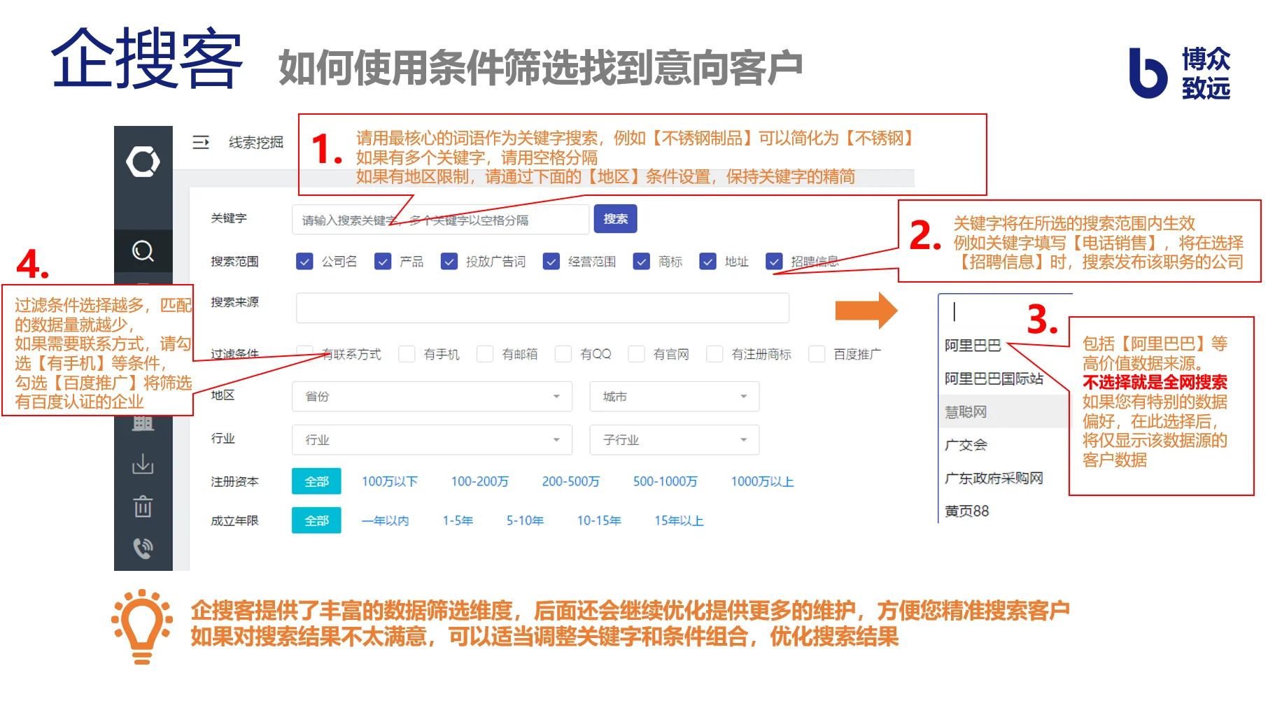 6. 企搜客的搜索条件组合该怎么用？