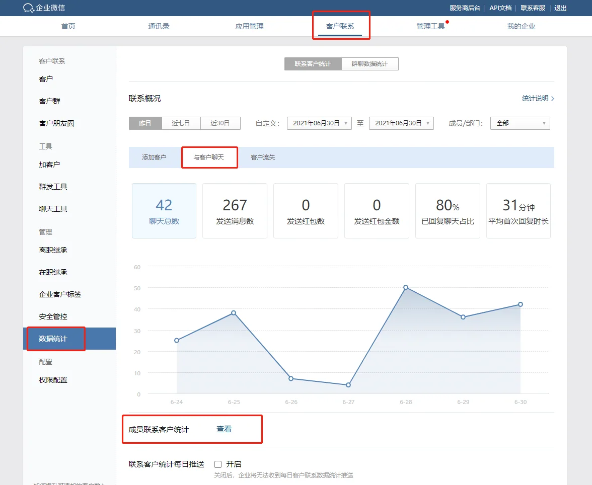 一、企业微信如何查看员工沟通的客户数